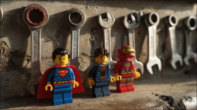 LEGO-style superhero and mechanic minifigs posed on a shadow-board of hanging wrenches