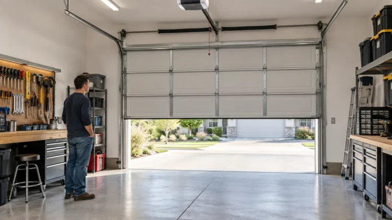 A man stands in a tidy workshop garage looking at a sectional garage door held partially open, with the opener, tracks, torsion spring, tool benches, storage shelves, and ladder visible.