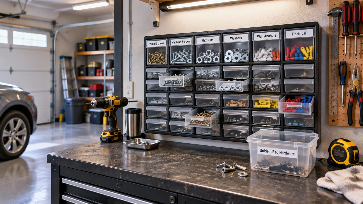 Organized garage workbench with a wall-mounted small-parts drawer cabinet labeled for screws, nuts, washers, anchors, and electrical connectors, plus hand tools, a drill, and a bin for unidentified hardware.