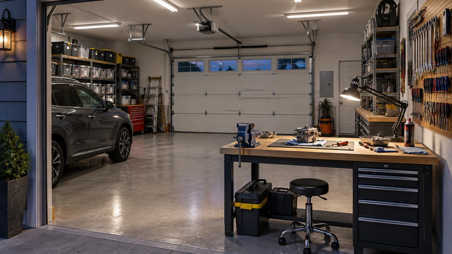 Organized residential garage workshop at dusk with bright ceiling lights, a focused adjustable lamp over a workbench, wall-mounted hand tools, storage shelves, a parked SUV, and a closed sectional garage door.