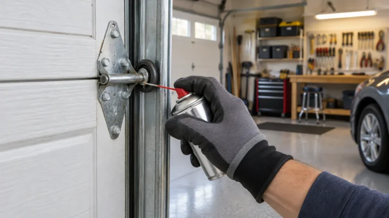 Gloved hand using a straw-equipped spray can to lubricate the roller hinge area of a sectional garage door inside a clean workshop garage.