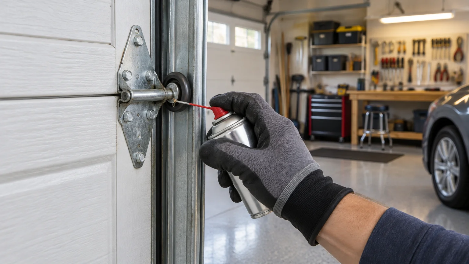 Gloved hand using a straw-equipped spray can to lubricate the roller hinge area of a sectional garage door inside a clean workshop garage.