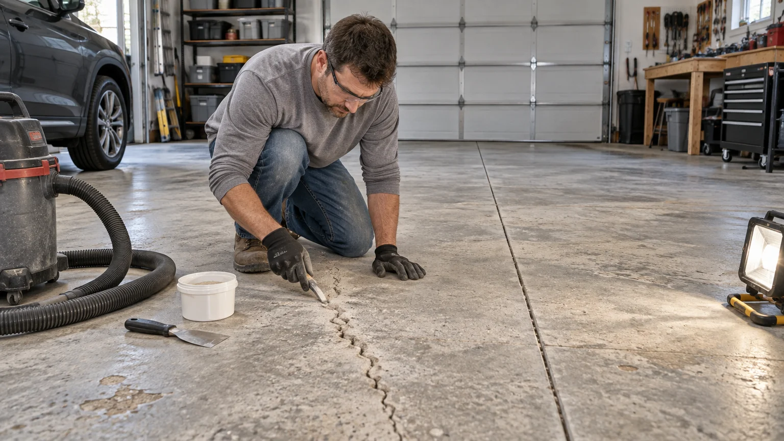 A man wearing safety glasses and gloves kneels in a residential garage, using a hand tool to clean an irregular crack in a concrete floor beside a shop vacuum, patch container, and work light.