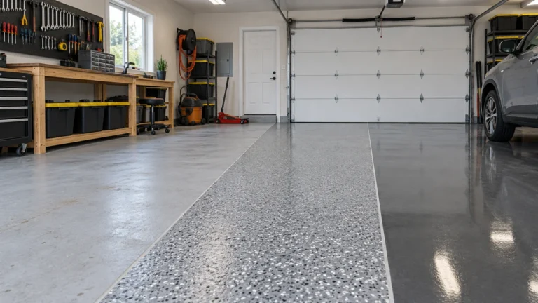 Organized residential garage workshop with tools, storage bins, a workbench, a car, and three adjacent floor finishes: plain light-gray concrete, gray speckled flake coating, and dark glossy coating.