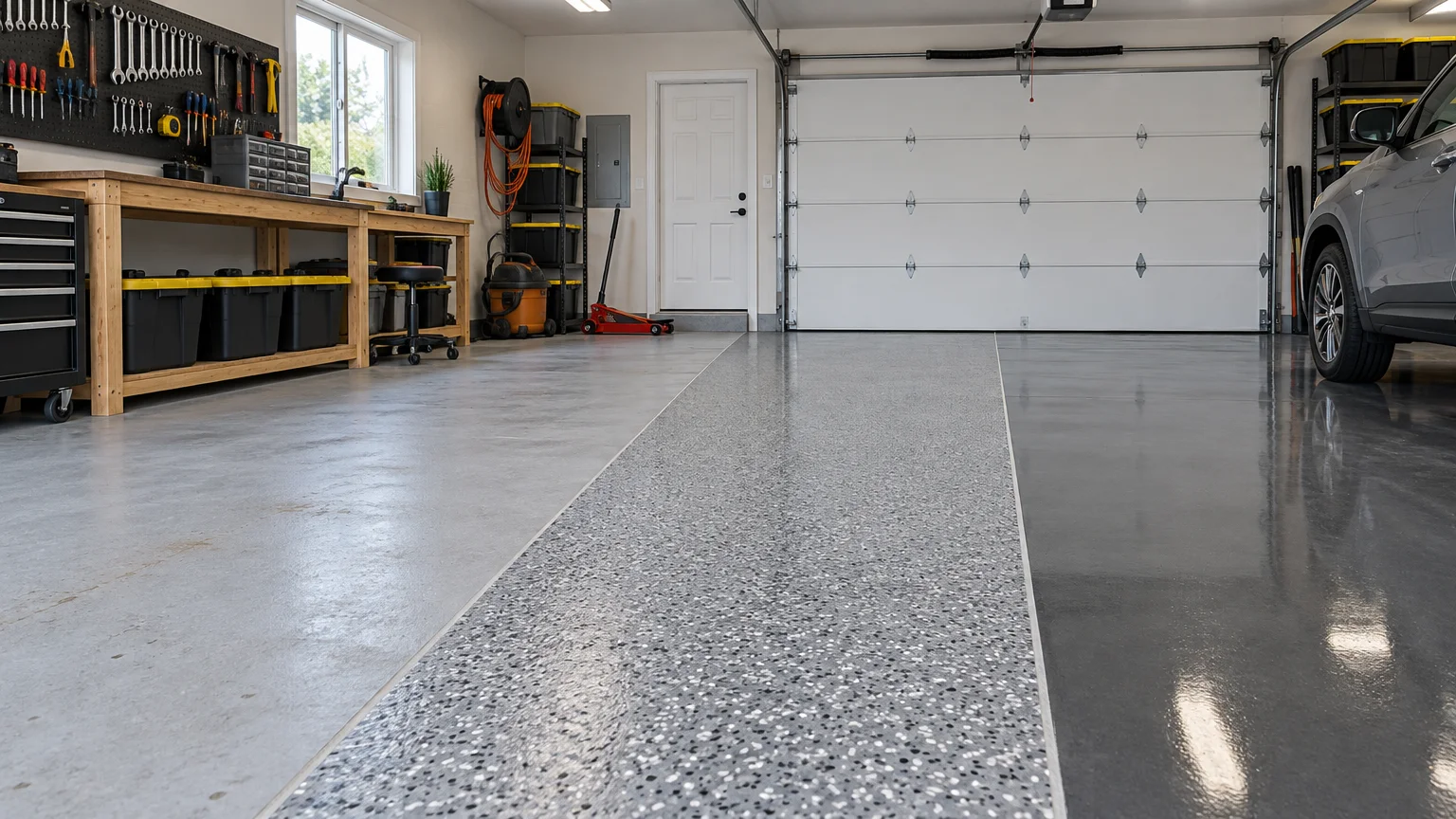 Organized residential garage workshop with tools, storage bins, a workbench, a car, and three adjacent floor finishes: plain light-gray concrete, gray speckled flake coating, and dark glossy coating.