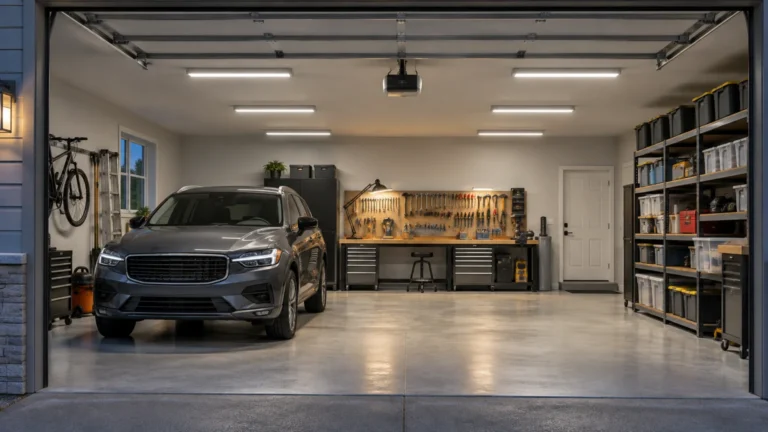 Open residential garage with a parked SUV, evenly spaced ceiling strip lights, a workbench with hand tools, wall storage shelves, and a polished concrete floor.