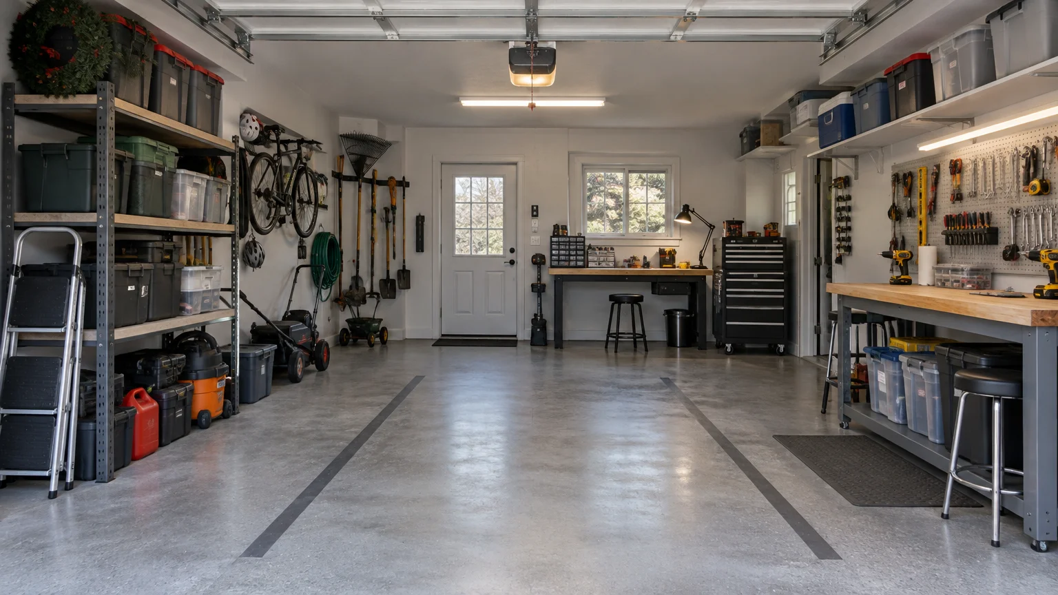Organized residential garage workshop with open overhead door, wall-mounted tools, shelving of storage bins, bicycles, lawn equipment, workbenches, and clear floor space.