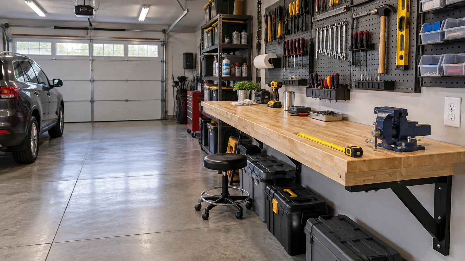 Organized residential garage with a long wooden workbench, blue bench vise, pegboard tool wall, storage cases, rolling stool, gray SUV, and sectional garage door.