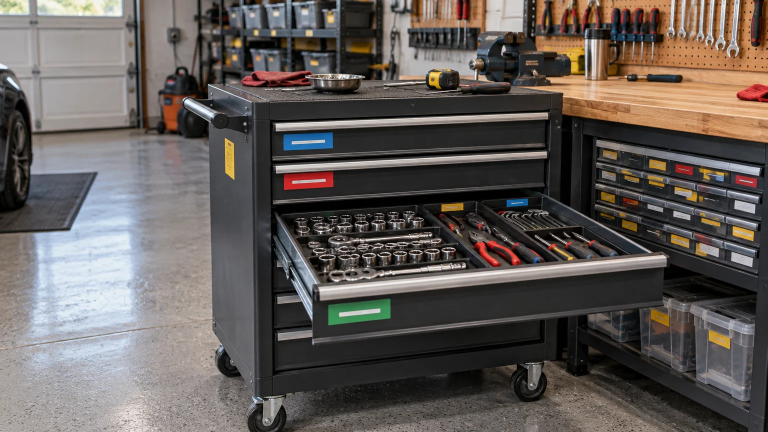 Organized garage workshop with an open rolling tool chest holding sockets, pliers, and hand tools, alongside a workbench with small labeled storage drawers.