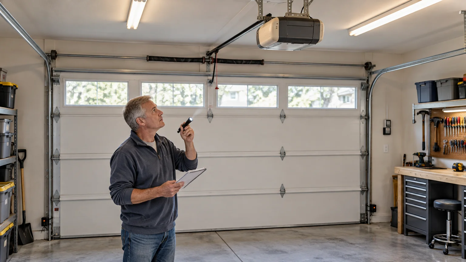 A man in a clean, organized garage looks up at a ceiling-mounted garage door opener while holding a flashlight and notepad; a closed sectional garage door, tracks, storage shelves, and a tool bench are visible.